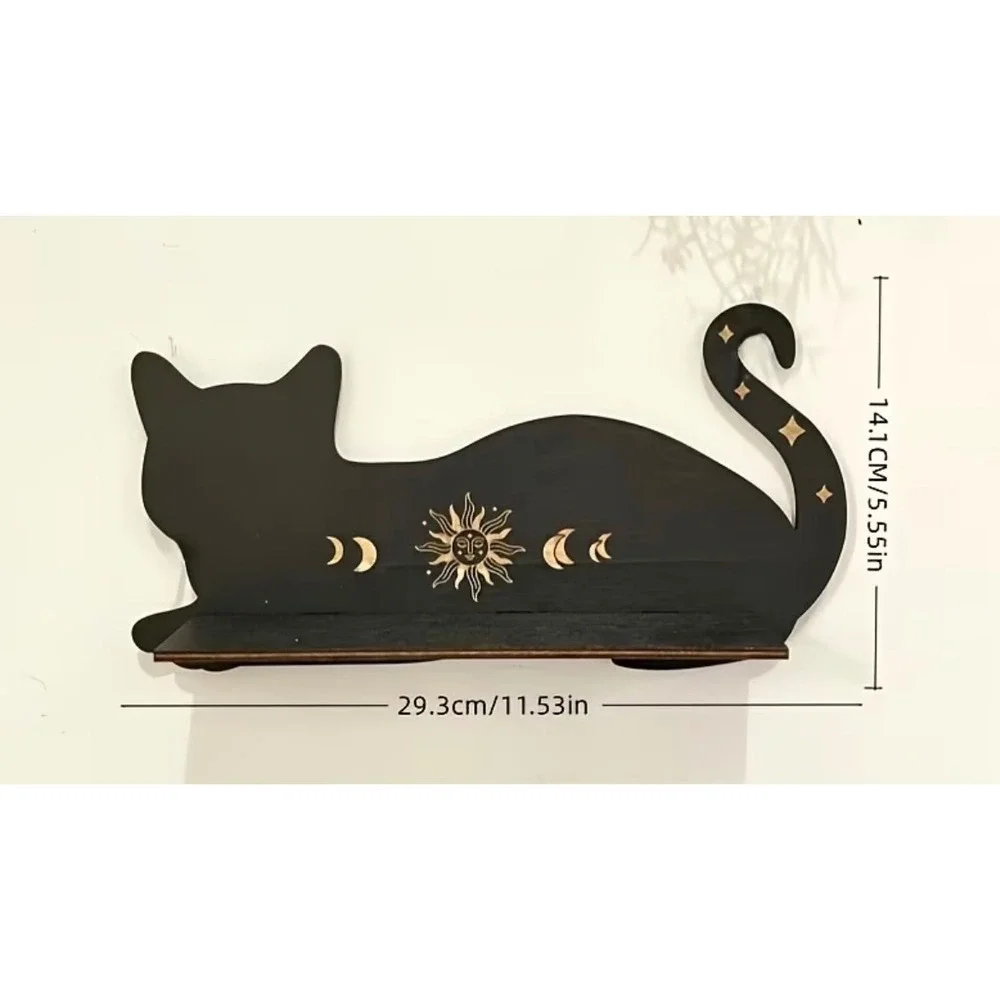 Black Cat Celestial Shelf Sun Moon Phases Wooden